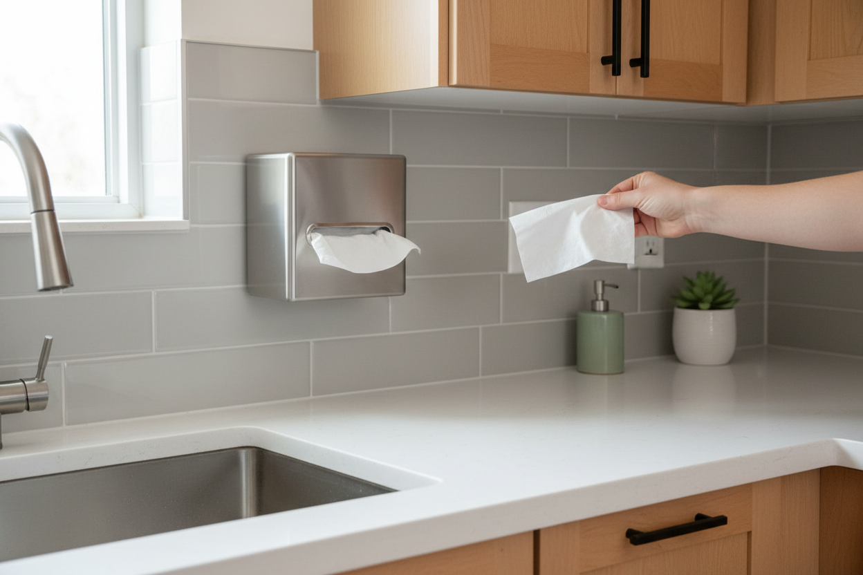Hand pulling tissue from wall-mounted holder near kitchen sink