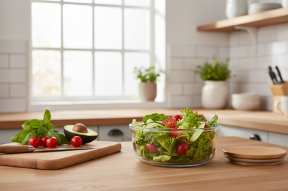 Glass container filled with fresh salad on kitchen countertop