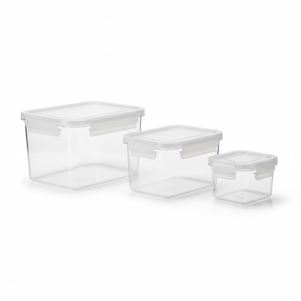 Set of three rectangular BPA-free plastic food storage containers on white background