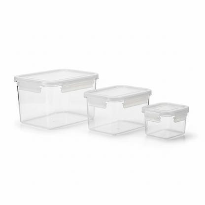 Set of three rectangular BPA-free plastic food storage containers on white background