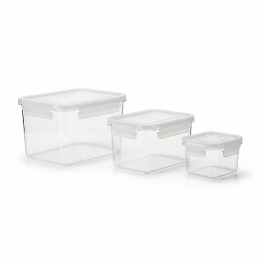 Set of three rectangular BPA-free plastic food storage containers on white background