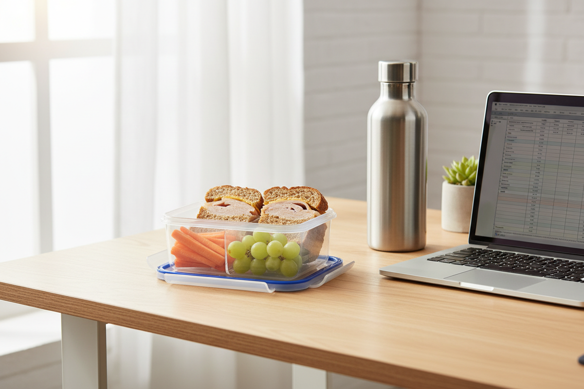 Container with packed lunch on office desk next to water bottle and laptop