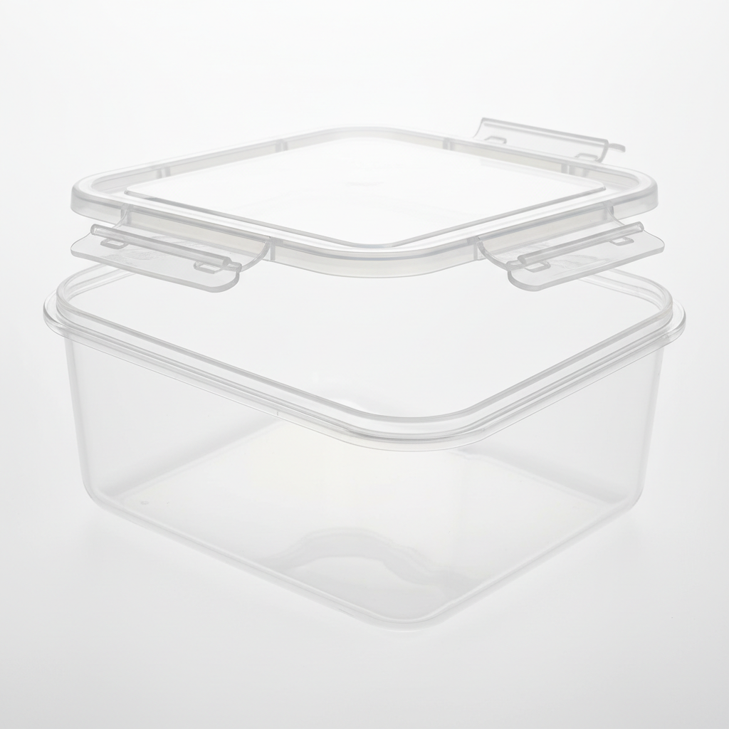 Close-up of snap-lock lid open showing interior depth and locking tabs