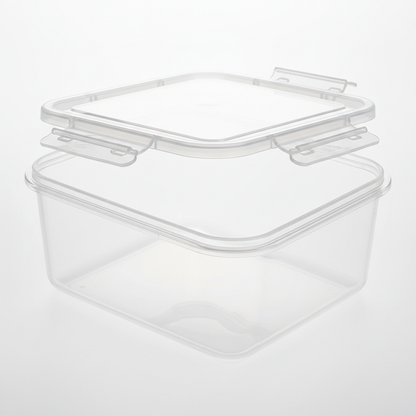 Close-up of snap-lock lid open showing interior depth and locking tabs