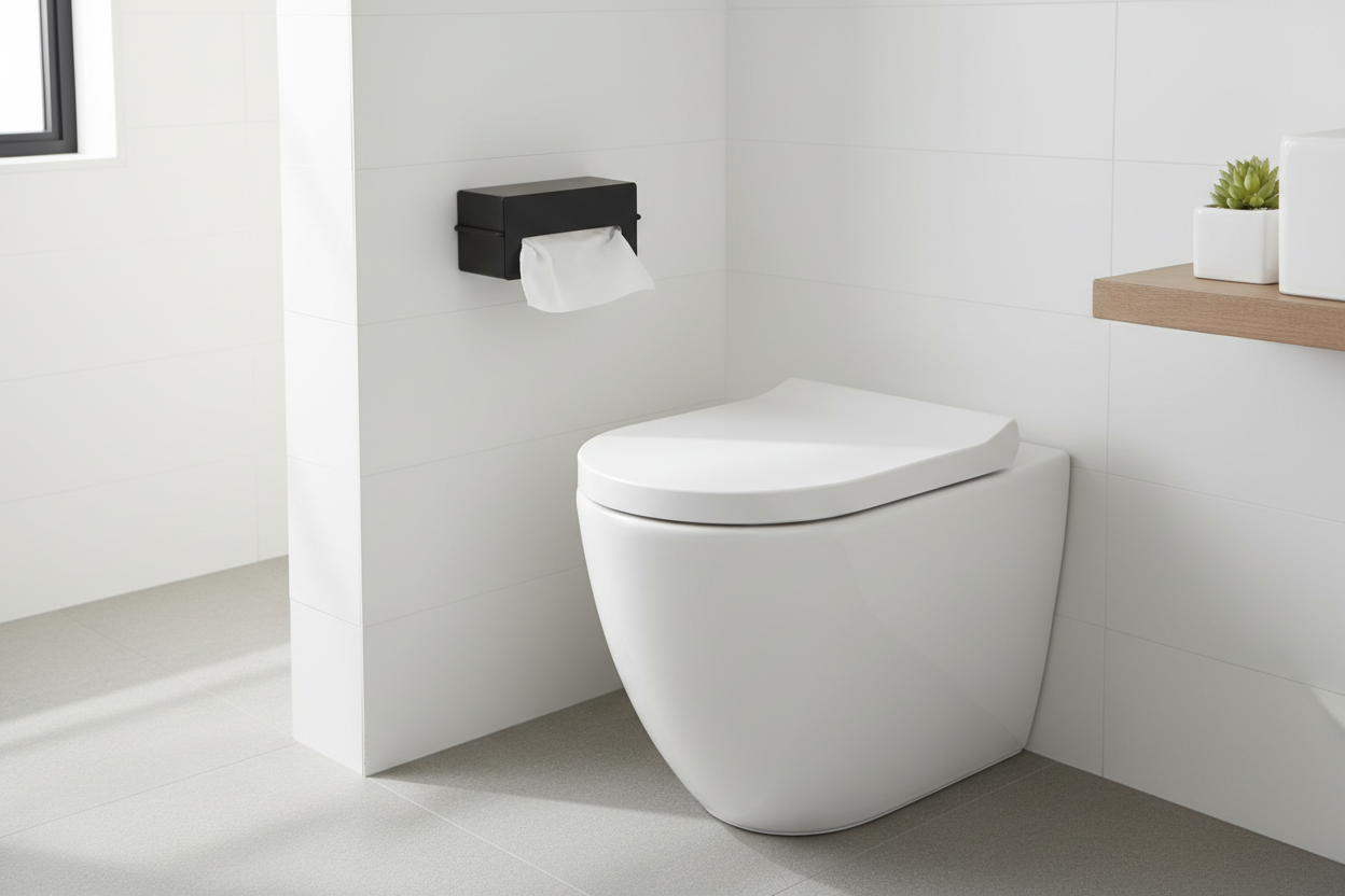 Metal tissue holder mounted on bathroom wall above toilet with tissue pulled out