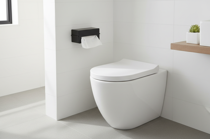 Metal tissue holder mounted on bathroom wall above toilet with tissue pulled out