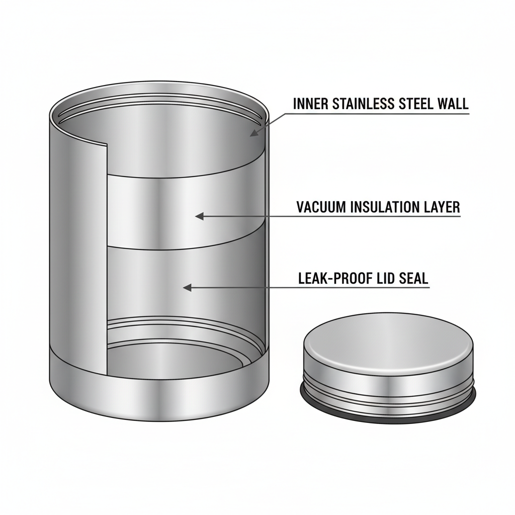 Cross-section showing double-wall vacuum insulation and leak-proof lid seal
