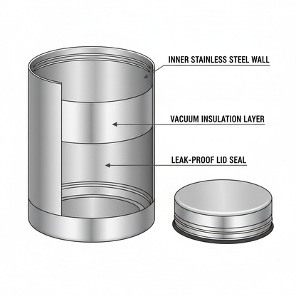 Cross-section showing double-wall vacuum insulation and leak-proof lid seal