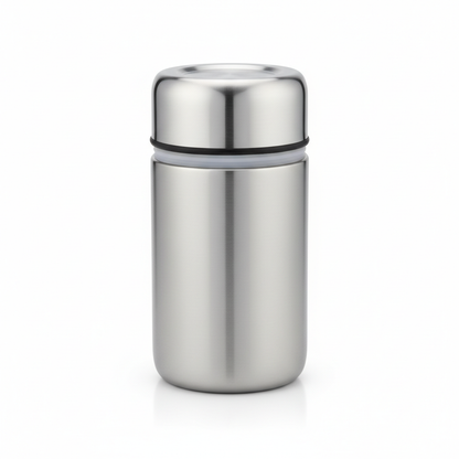 Stainless steel insulated food container with brushed silver finish on white background