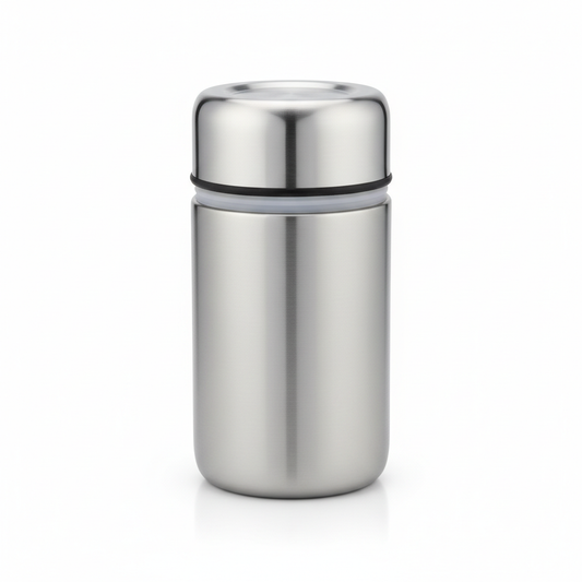 Stainless steel insulated food container with brushed silver finish on white background
