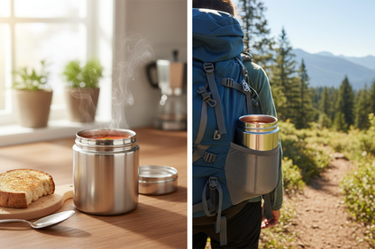 Split scene showing hot soup at home kitchen and container in backpack during hike