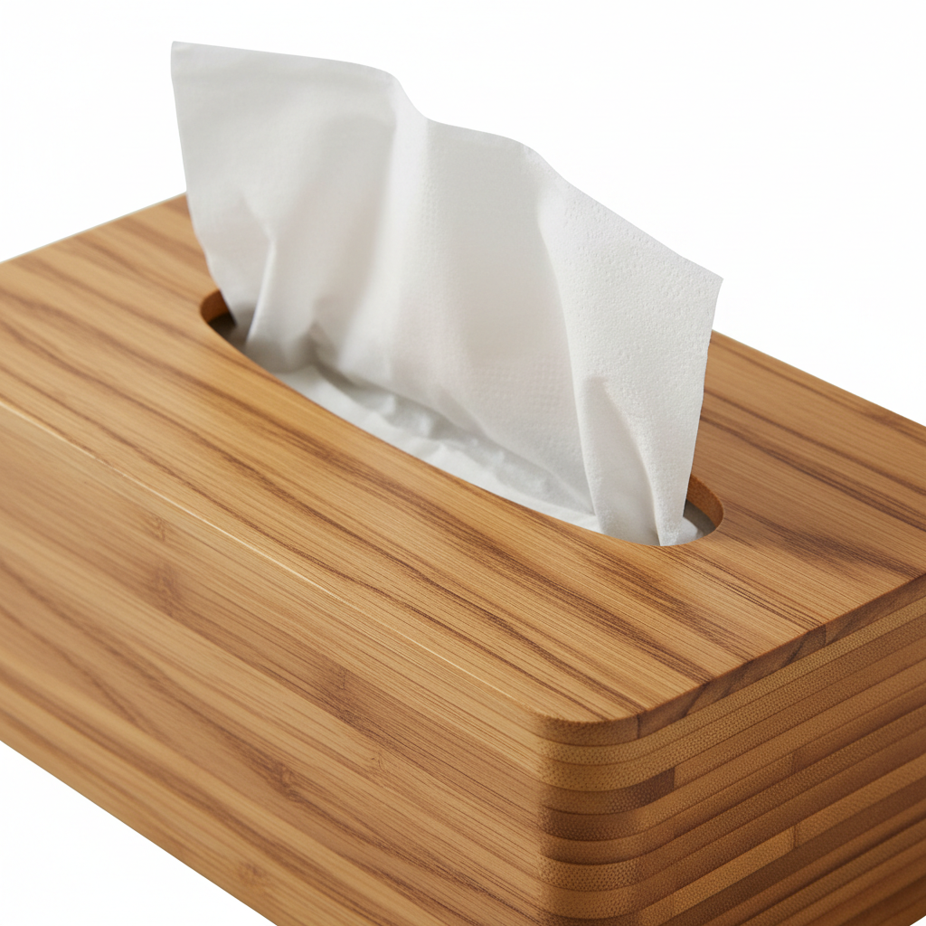 Close-up of bamboo wood grain texture and open-top tissue slot