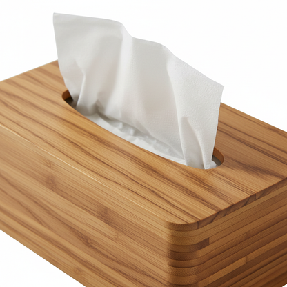 Close-up of bamboo wood grain texture and open-top tissue slot