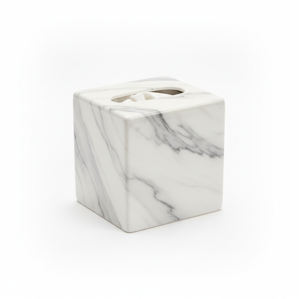 Square ceramic tissue box cover with white and gray marble pattern on white background