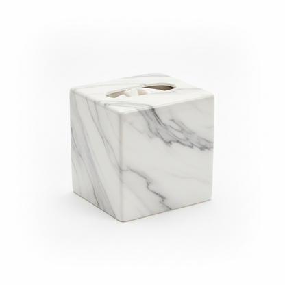 Square ceramic tissue box cover with white and gray marble pattern on white background