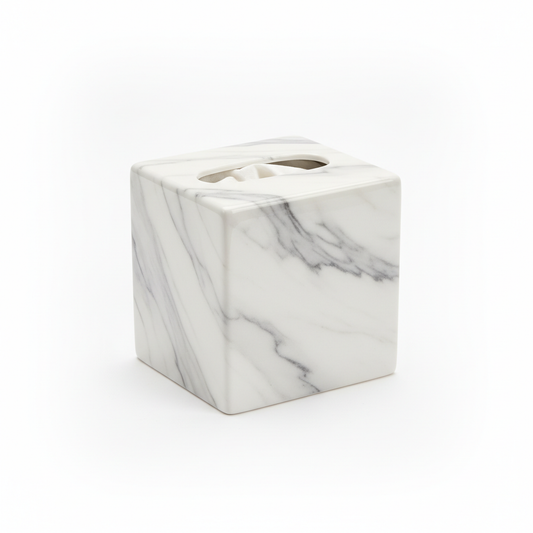 Square ceramic tissue box cover with white and gray marble pattern on white background