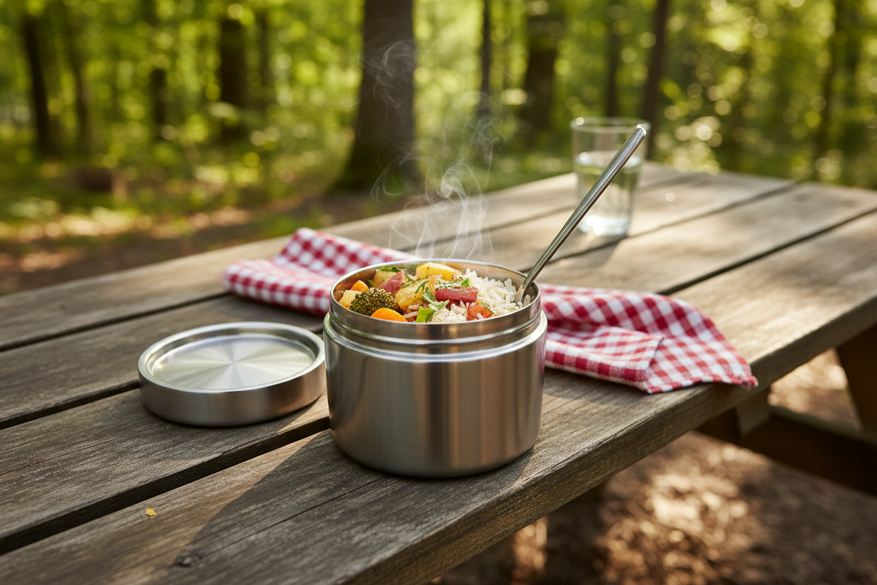 Open container with warm meal on outdoor picnic table in nature