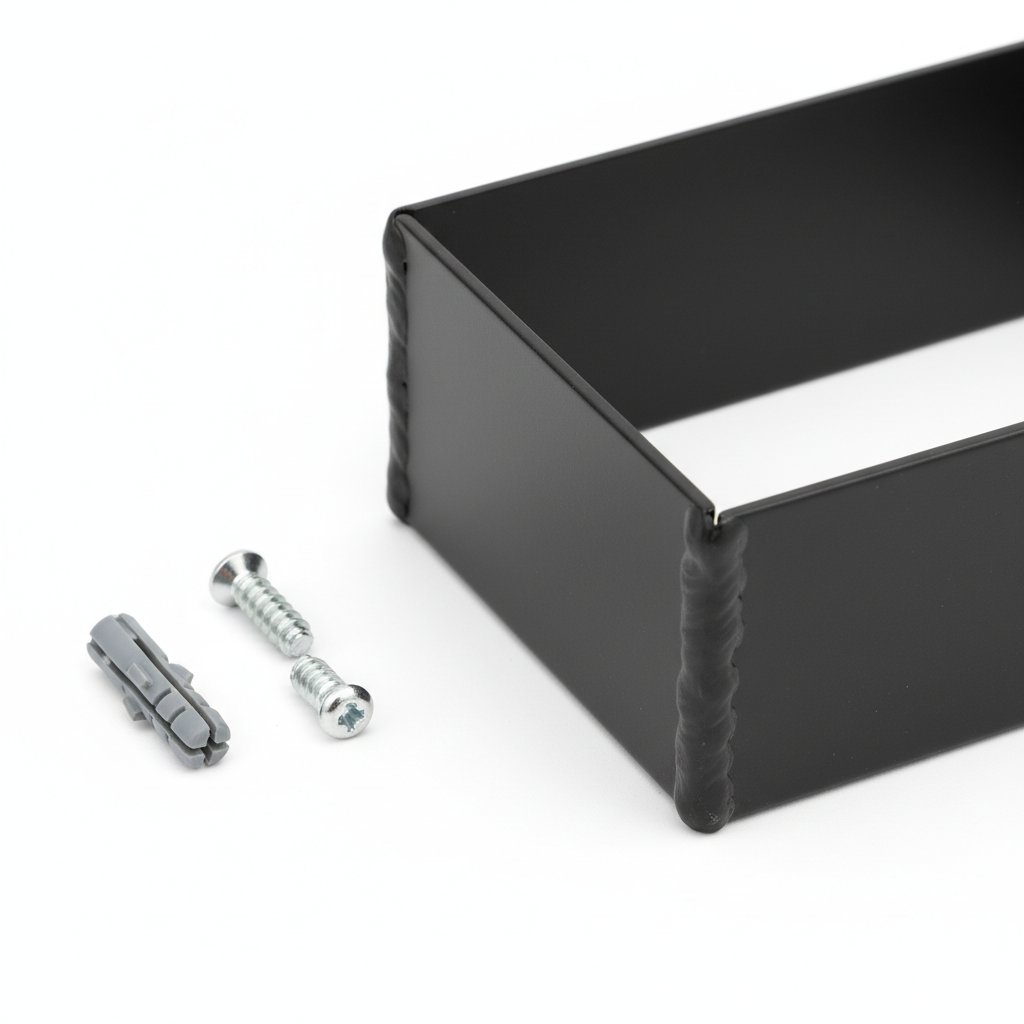 Close-up of metal frame joints and included mounting screws on white background