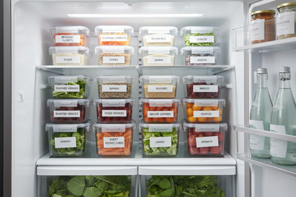 Multiple containers stacked in refrigerator with prepped meals