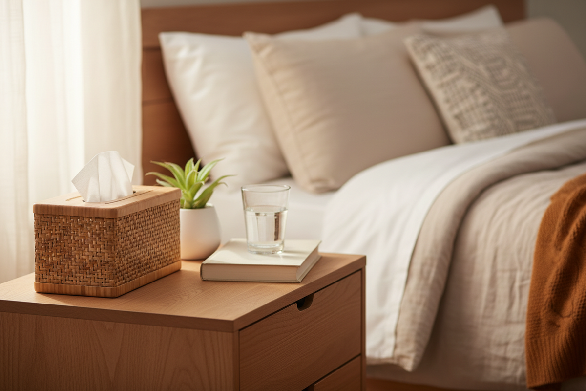 Bamboo tissue box cover on nightstand with plant and book