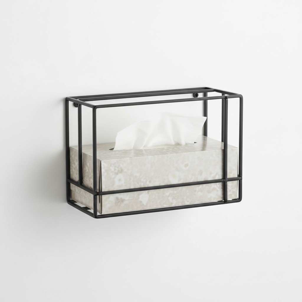 Matte black wall-mounted metal tissue box holder on white wall with tissue box inside