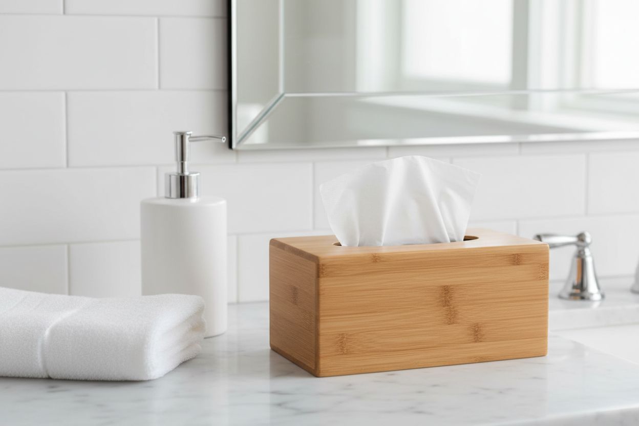 Tissue being pulled from bamboo cover on bathroom countertop