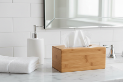 Tissue being pulled from bamboo cover on bathroom countertop