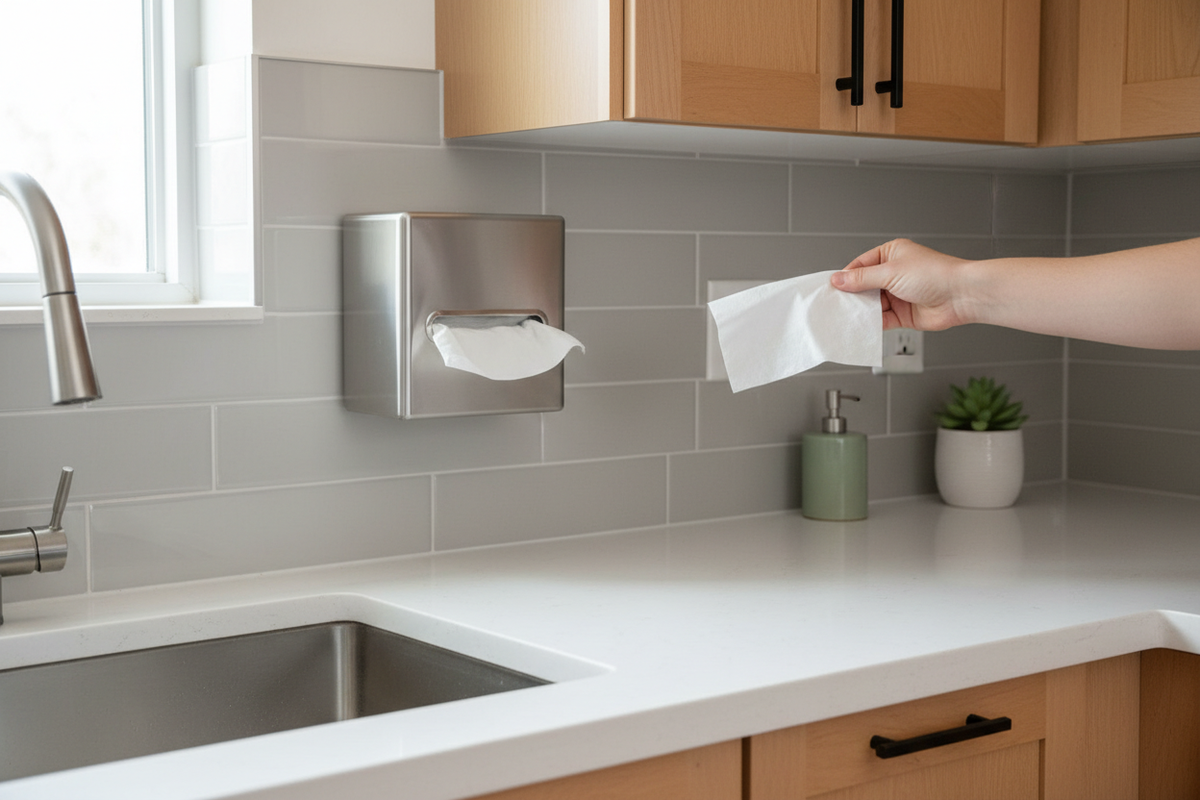 Hand pulling tissue from wall-mounted holder near kitchen sink