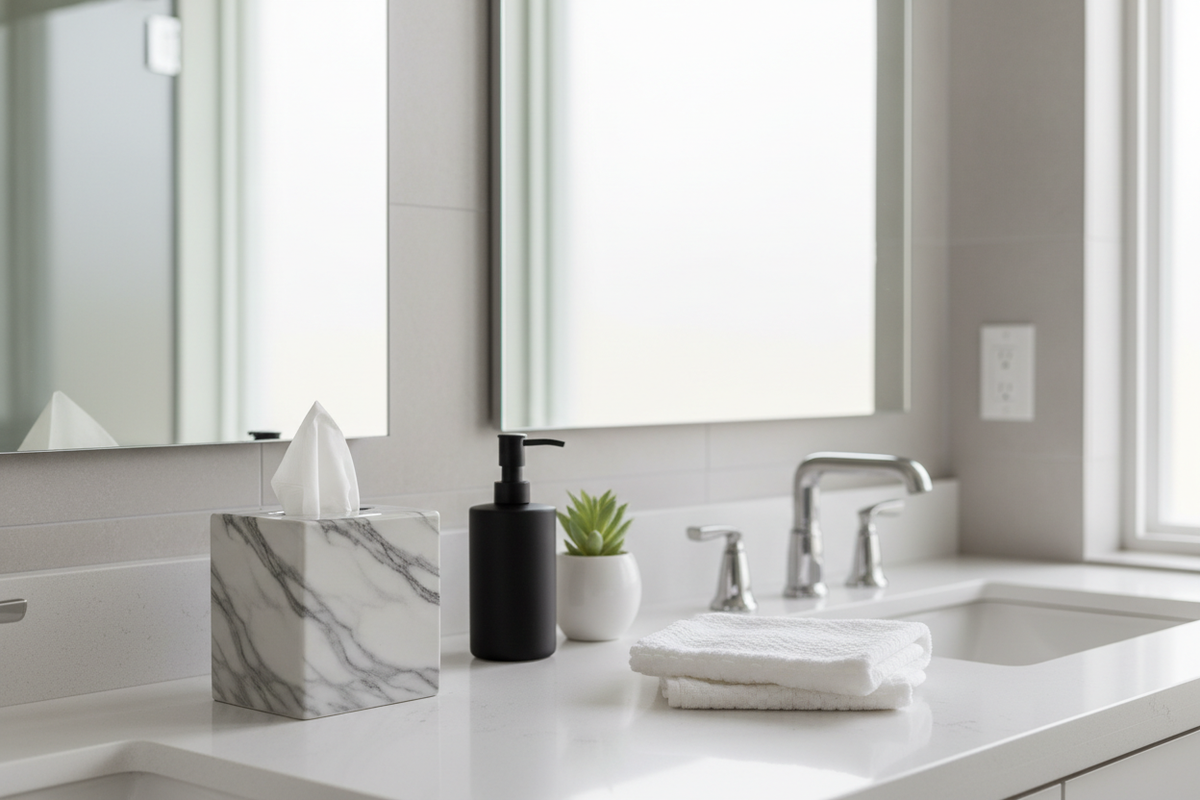 Ceramic tissue cover on bathroom vanity with soap dispenser and succulent plant