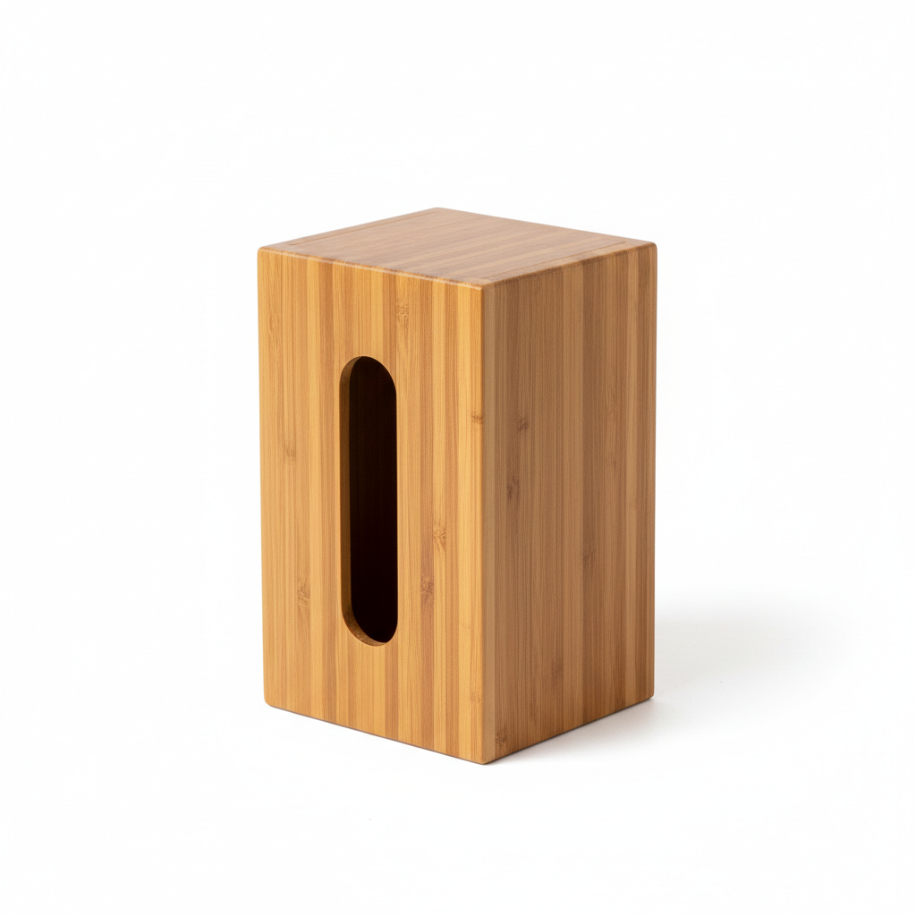 Rectangular bamboo tissue box cover on white background