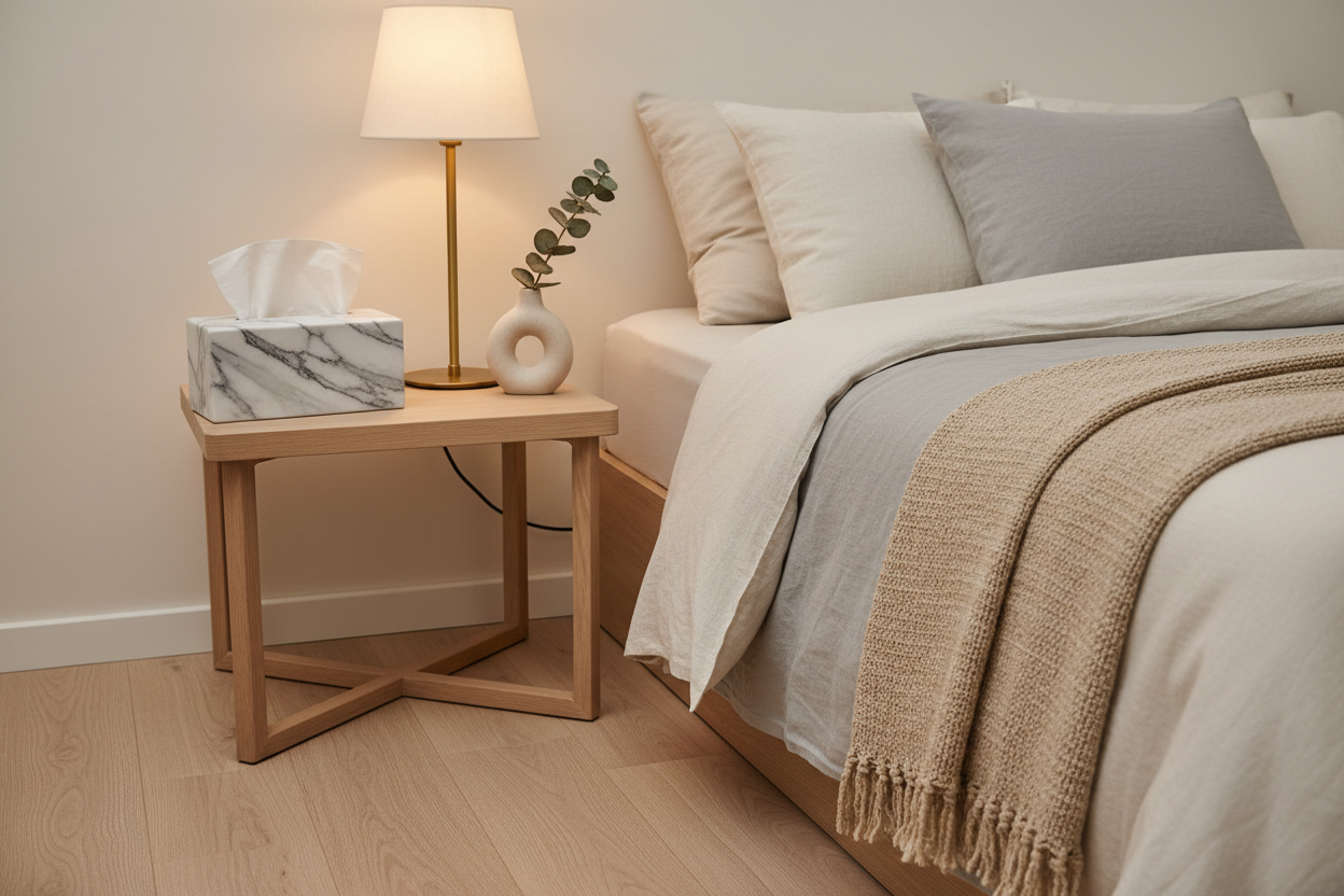 Marble ceramic tissue cover on bedside table in modern bedroom with tissue pulled out
